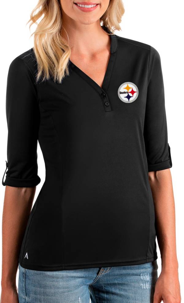 Antigua Women's Pittsburgh Steelers Accolade Black Three-Quarter Sleeve Polo