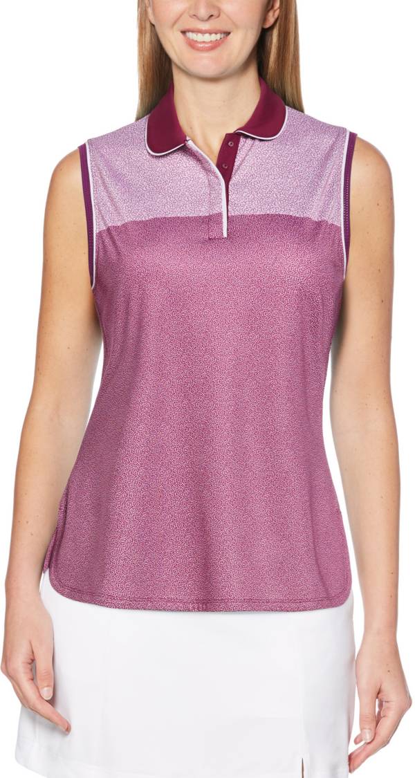 Callaway Women's Mini Leaf Print Color Block Sleeveless Golf Polo