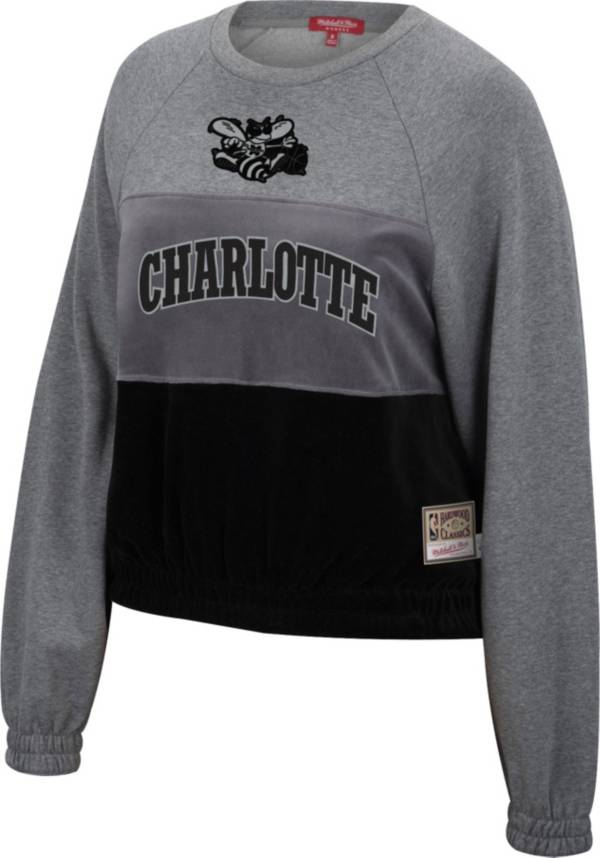 Mitchell & Ness Women's Charlotte Hornets Grey Hardwood Classics Velour Pullover Crew-Neck Sweatshirt