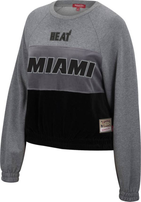 Mitchell & Ness Women's Miami Heat Grey Hardwood Classics Velour Pullover Crew-Neck Sweatshirt