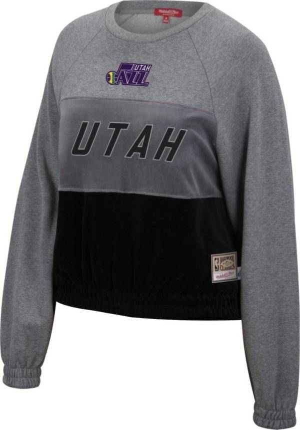 Mitchell & Ness Women's Utah Jazz Grey Hardwood Classics Velour Pullover Crew-Neck Sweatshirt