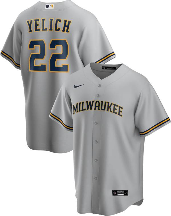 Nike Men's Replica Milwaukee Brewers Christian Yelich #22 Cool Base Gray Jersey