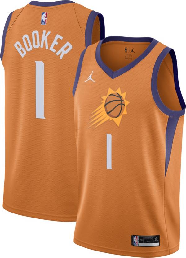 Jordan Men's Phoenix Suns Devin Booker #1 Orange 2020-21 Dri-FIT Statement Swingman Jersey