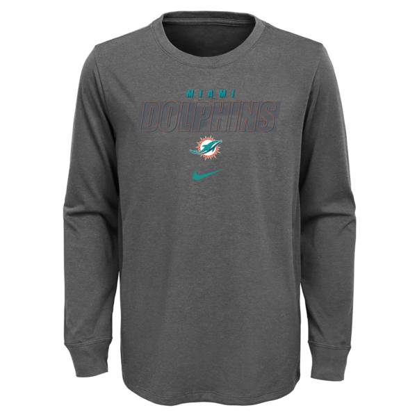 NFL Team Apparel Youth Miami Dolphins Dark Grey Heather Cotton Long Sleeve T-Shirt