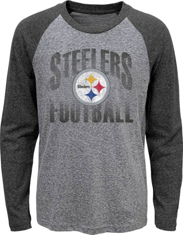 NFL Team Apparel Youth Pittsburgh Steelers ‘Go For It' Tri-Blend Grey Long Sleeve Shirt