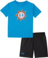 Boys Youth Under Armour HG Logo Polyester 2pc Shirt Short Set Baseball Blue NWT 