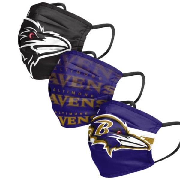 FOCO Adult Baltimore Ravens Adjustable 3-Pack Face Coverings