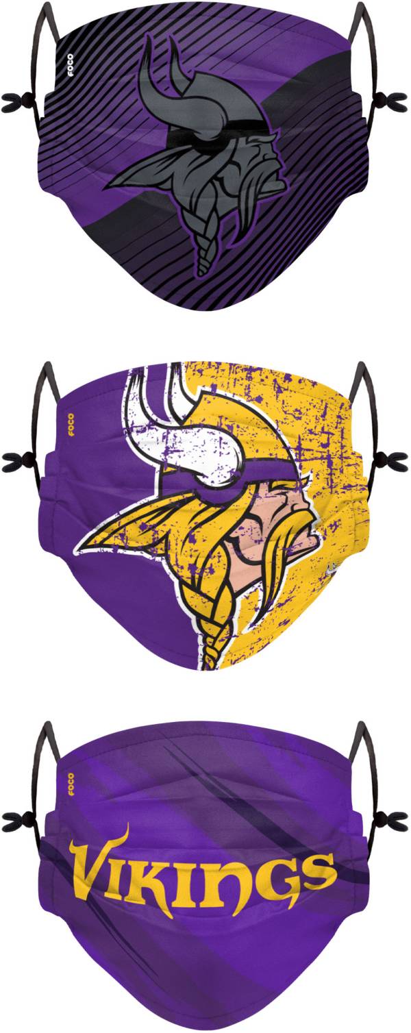 FOCO Youth Minnesota Vikings Adjustable 3-Pack Face Coverings