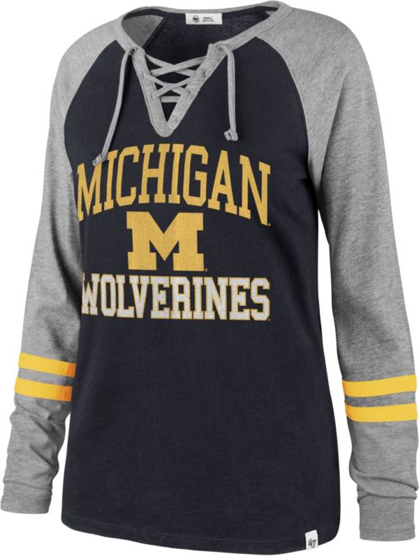 ‘47 Women's Michigan Wolverines Blue Lace-Up Long Sleeve T-Shirt