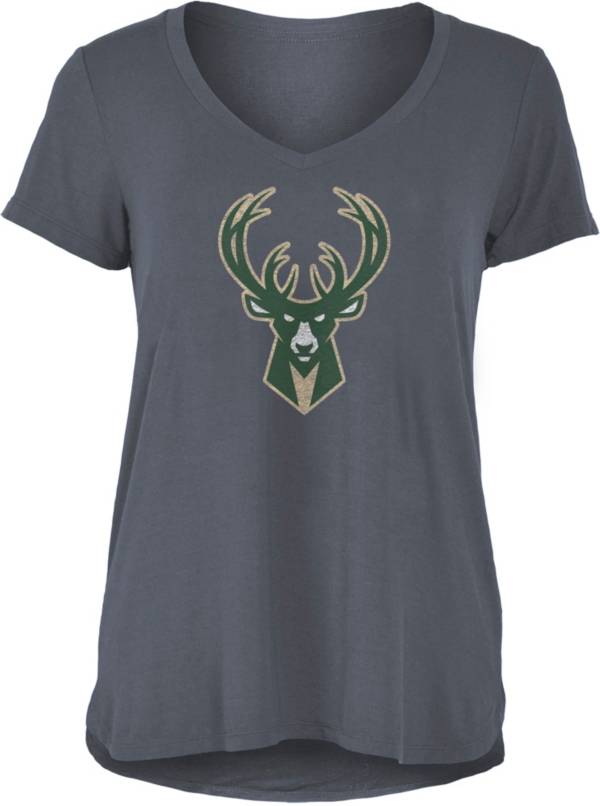 5th & Ocean Women's Milwaukee Bucks Grey V-Neck T-Shirt