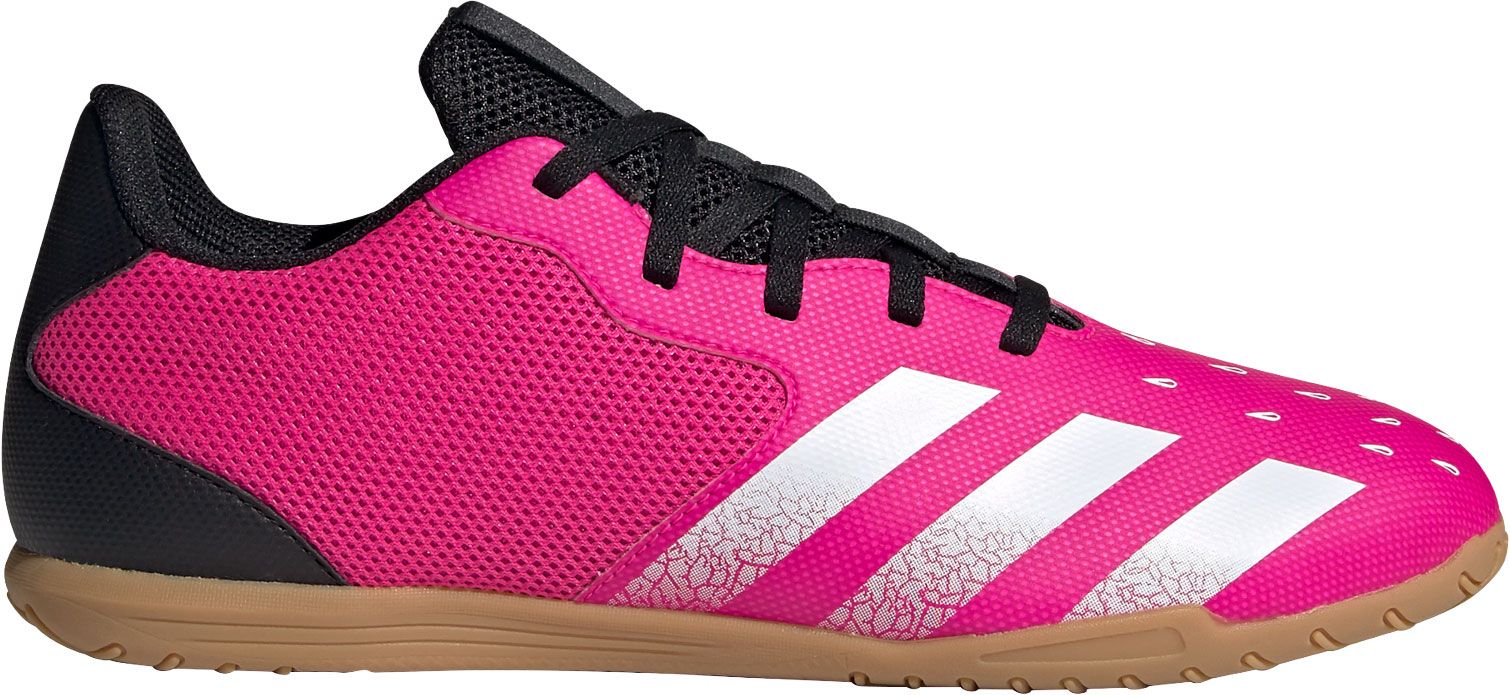 pink and black indoor soccer shoes