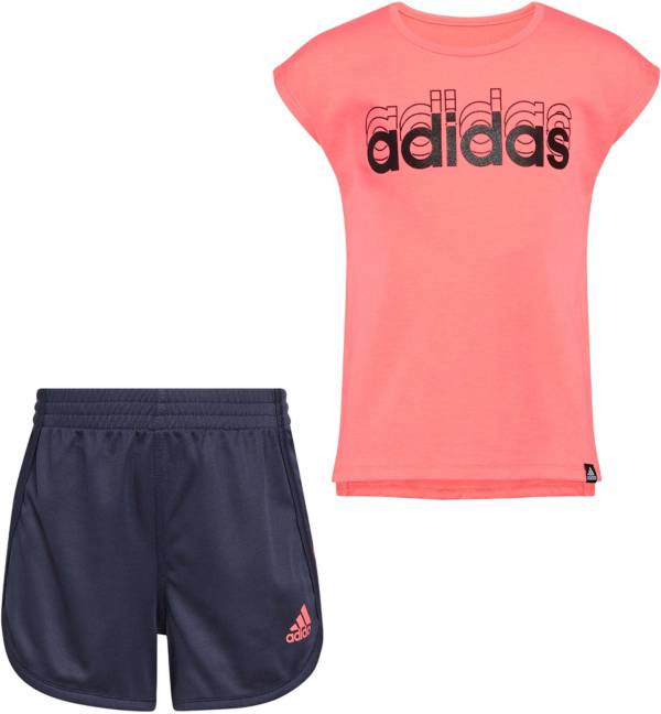 adidas Girls' 2 Piece Graphic T-Shirt and Mesh Shorts Set