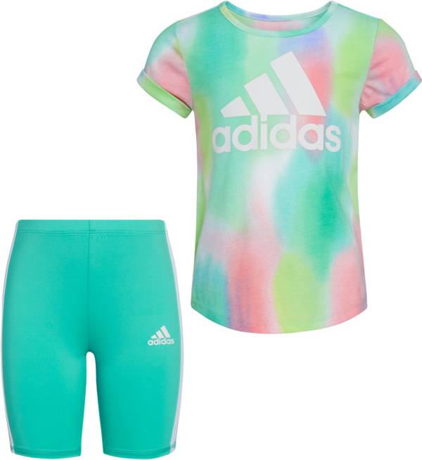 adidas Girls' 2 Piece Printed T-Shirt and Bike Shorts