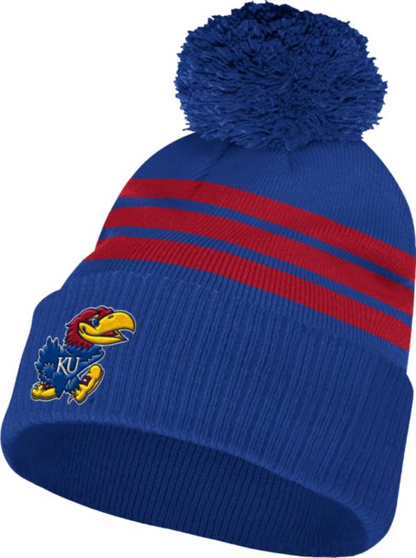 adidas Men's Kansas Jayhawks Blue 3-Stripe Cuffed Pom Knit Beanie