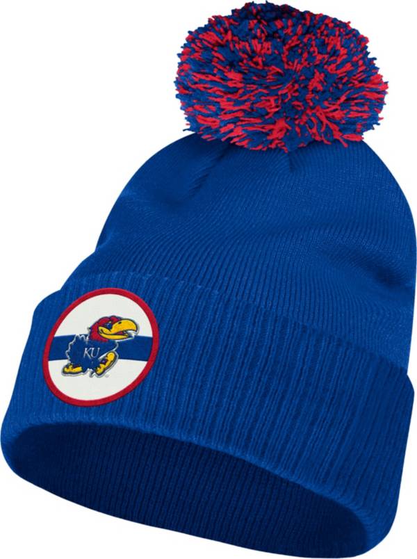 adidas Men's Kansas Jayhawks Blue Cuffed Pom Knit Beanie