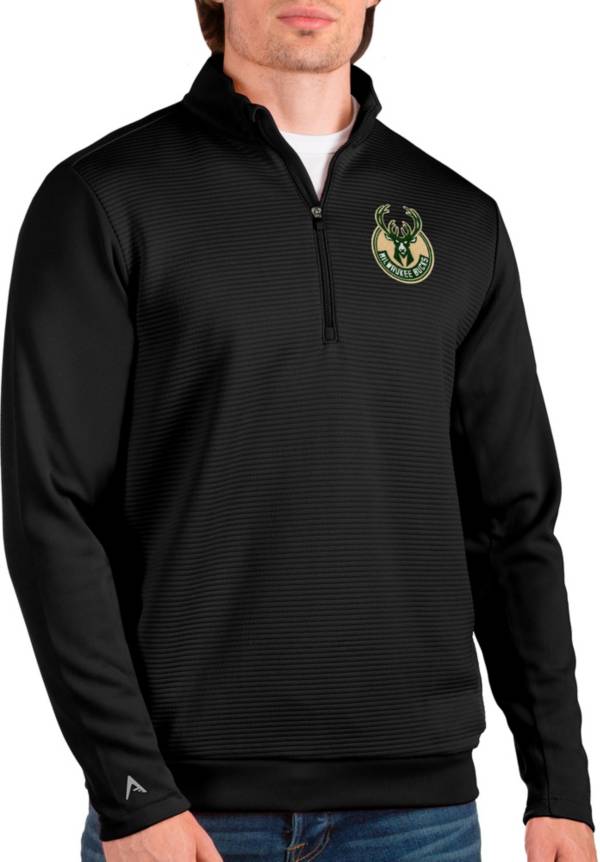 Antigua Men's Milwaukee Bucks Black Odyssey Quarter-Zip Pullover