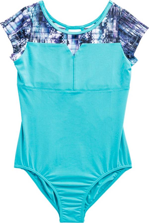 Rainbeau Moves Girls' Seismic Waves Stripe Short Sleeve Mesh Leotard