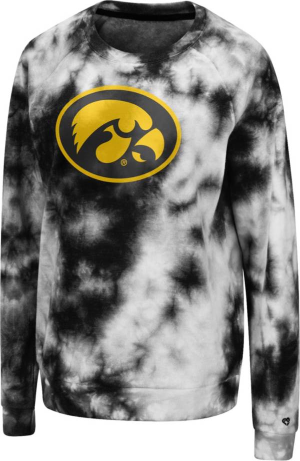 Colosseum Women's Iowa Hawkeyes Black Tie-Dye Crew Pullover Sweatshirt