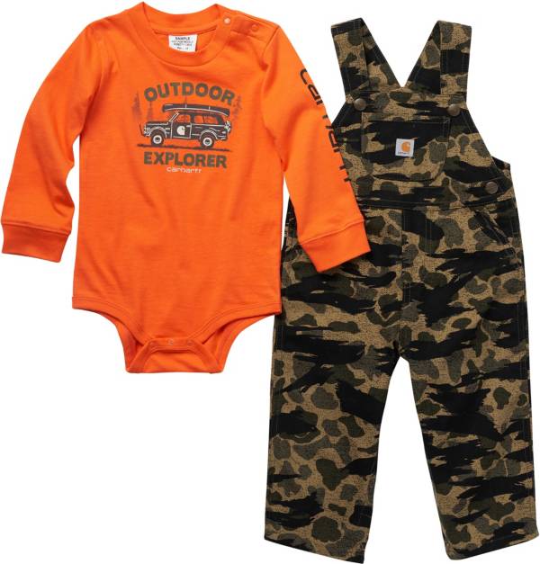 Carhartt Youth Long Sleeve Bodysuit & Canvas Camo Overall Set