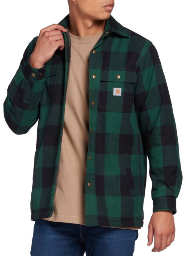 Carhartt Men's Jacket Shirt Plus Size 4XL Gray Sherpa Lined Snaps Green Plaid 