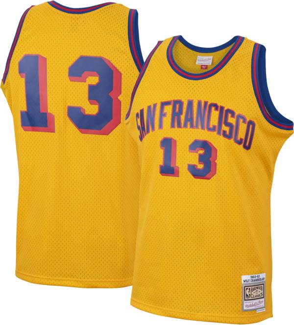 Mitchell & Ness Men's 1963 Golden State Warriors Wilt Chamberlain #13 Gold Hardwood Classics Swingman Jersey