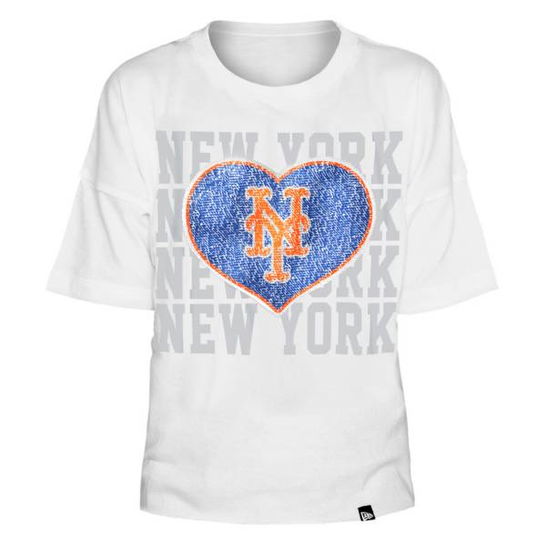 New Era Apparel Girl's New York Mets White Glitter Heart V-Neck T-Shirt