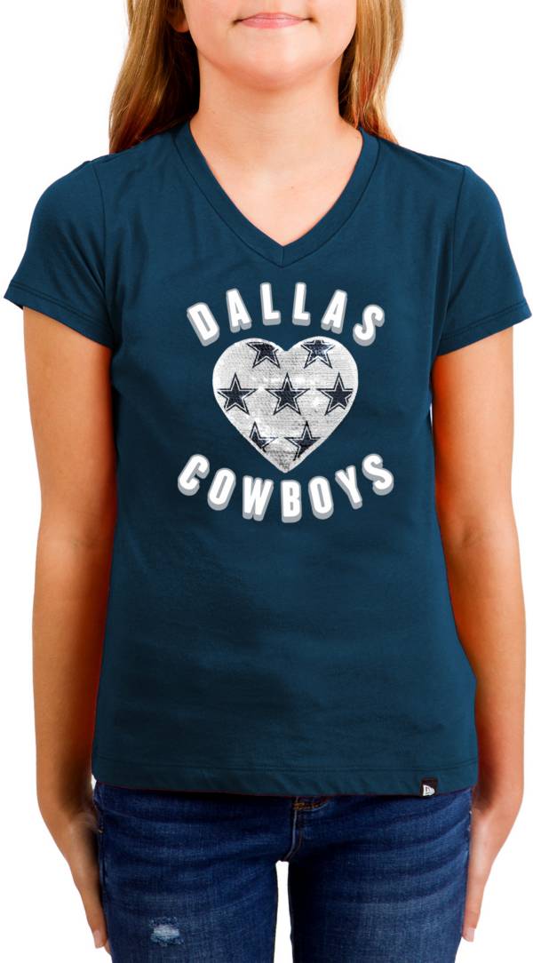 New Era Girls' Dallas Cowboys Sequins Heart Navy T-Shirt