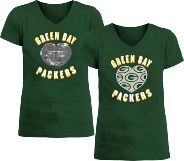 New Era Apparel Girl's Green Bay Packers Sequins Heart Green T-Shirt