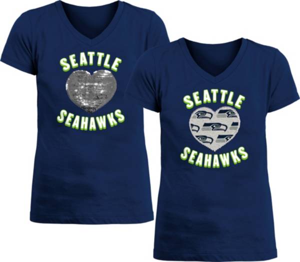 New Era Apparel Girl's Seattle Seahawks Sequins Heart Navy T-Shirt