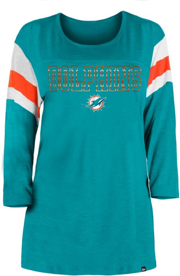 New Era Women's Miami Dolphins Foil Slub Aqua Three-Quarter Sleeve T-Shirt