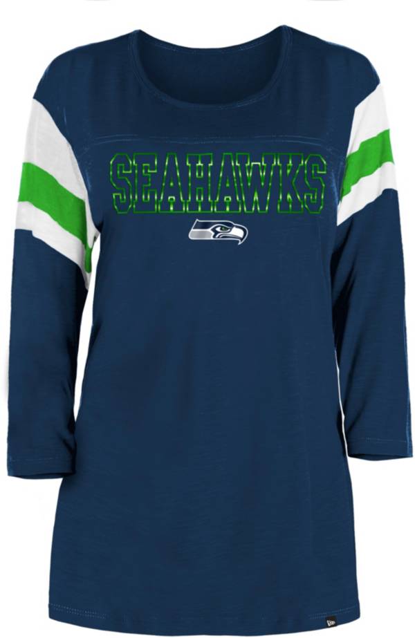 New Era Women's Seattle Seahawks Foil Slub Navy Three-Quarter Sleeve T-Shirt