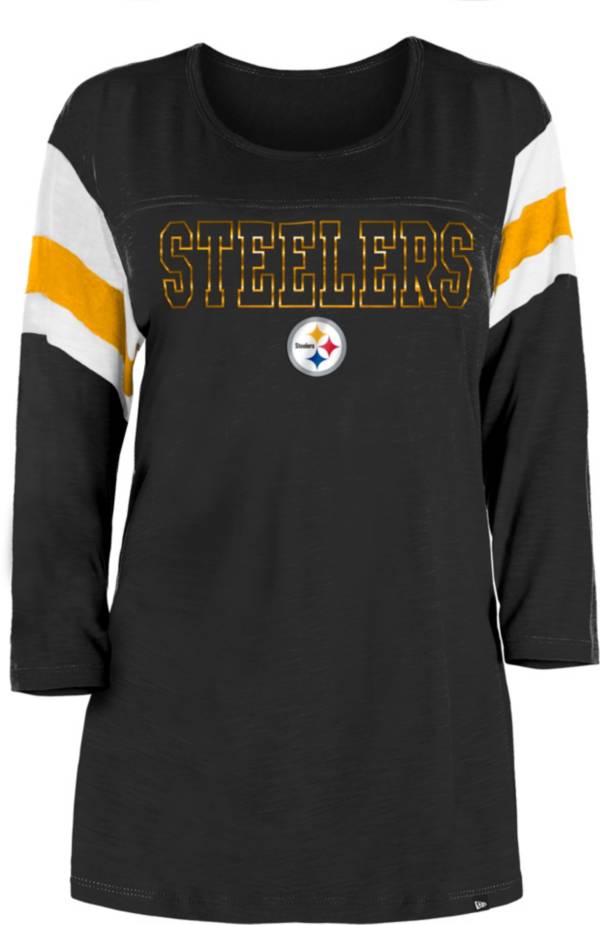 New Era Women's Pittsburgh Steelers Foil Slub Black Three-Quarter Sleeve T-Shirt
