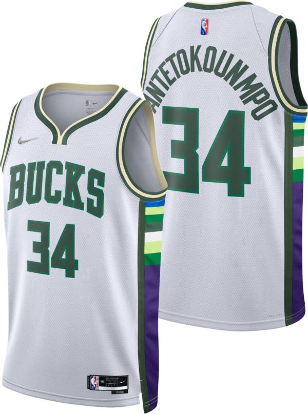 Nike Men's 2021-22 City Edition Milwaukee Bucks Giannis Antetokounmpo #34 White Dri-FIT Swingman Jersey