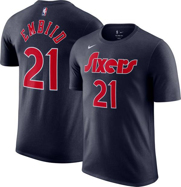 Nike Men's 2021-22 City Edition Philadelphia 76ers Joel Embiid #21 Blue Cotton T-Shirt