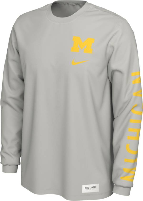 Nike Men's Michigan Wolverines Pastel Grey Seasonal Cotton Long Sleeve T-Shirt