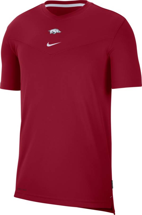 Nike Men's Arkansas Razorbacks Cardinal Football Sideline Coach Dri-FIT UV T-Shirt