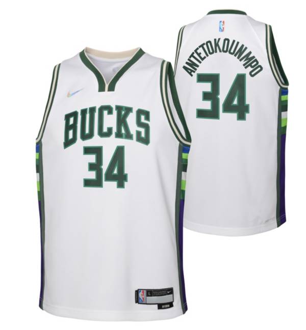 Nike Youth 2021-22 City Edition Milwaukee Bucks Giannis Antetokounmpo #34 White Swingman Jersey