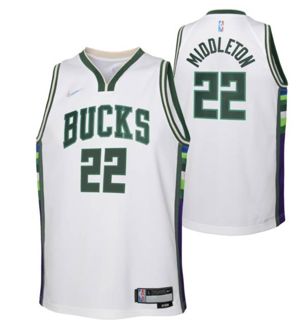 Nike Youth 2021-22 City Edition Milwaukee Bucks Khris Middleton #22 White Swingman Jersey