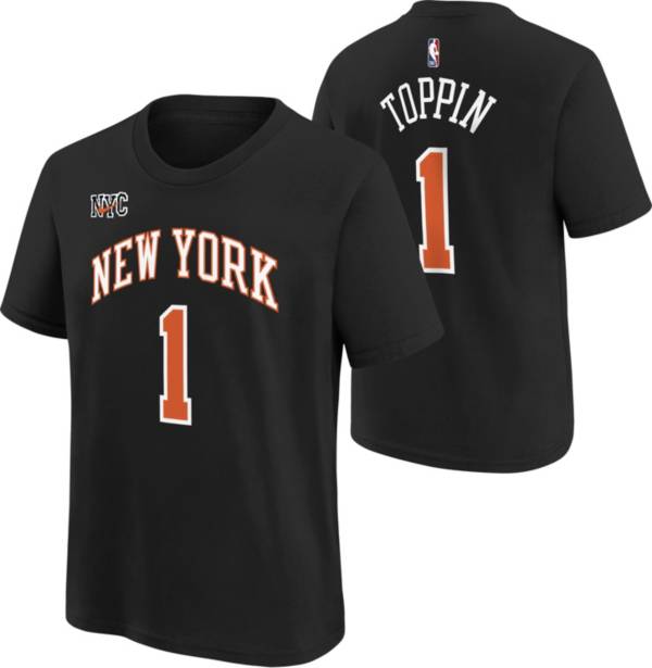 Nike Youth 2021-22 City Edition New York Knicks Obi Toppin #1 Black Player T-Shirt