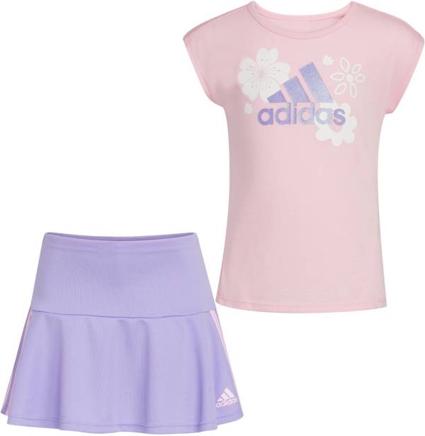adidas Little Girls' 3-Stripe T-Shirt and Ruffle Skort 2 Piece Set