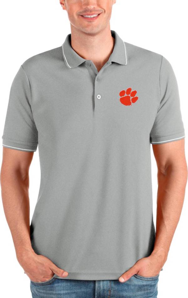 Antigua Men's Clemson Tigers Grey and White Affluent Polo product image