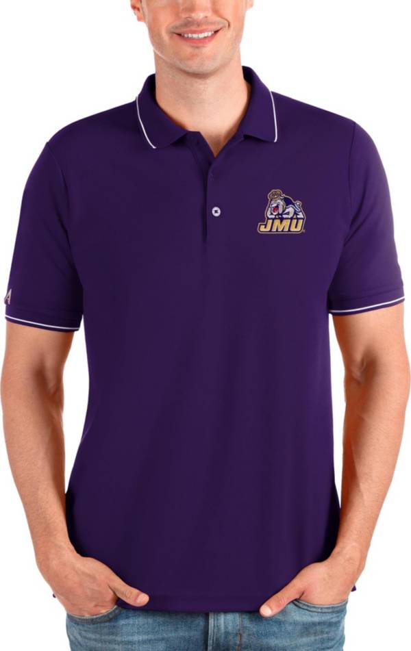 Antigua Men's James Madison Dukes Purple and White Affluent Polo product image