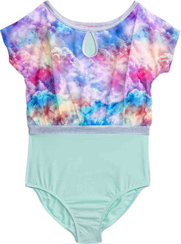 Rainbeau Moves Head in The Clouds Print Short Sleeve Leotard with Keyhole