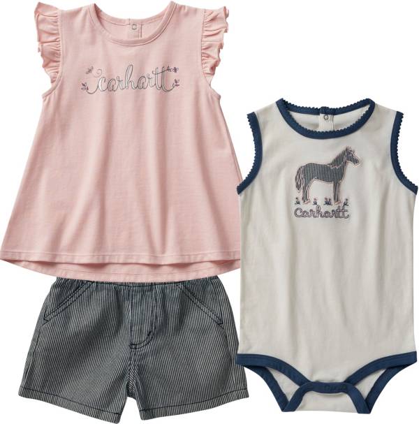 Carhartt Infant Girls' Short Sleeve Shirt, Horse Tank Bodysuit, & Stripe Shorts Set