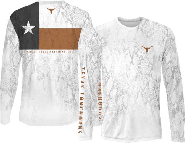 Great State Clothing Men's Texas Longhorns White Rattler Flag Long Sleeve T-Shirt