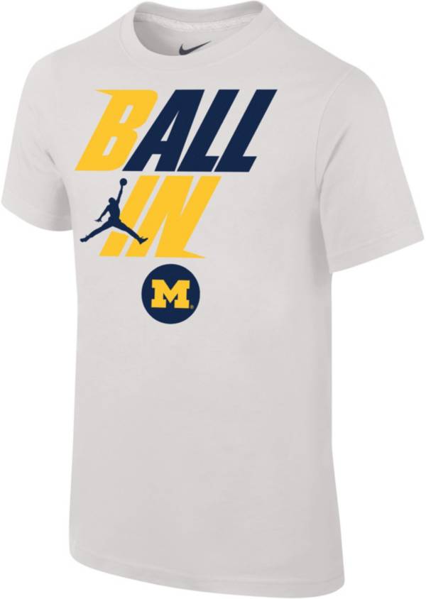 Jordan Youth Michigan Wolverines White 2022 Basketball BALL IN Bench T-Shirt