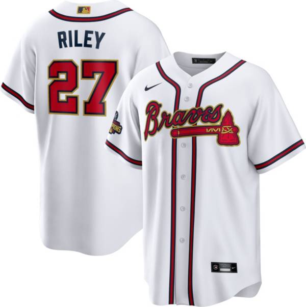 Nike Men's Atlanta Braves Austin Riley #27 2022 Gold Collection White Cool Base Jersey