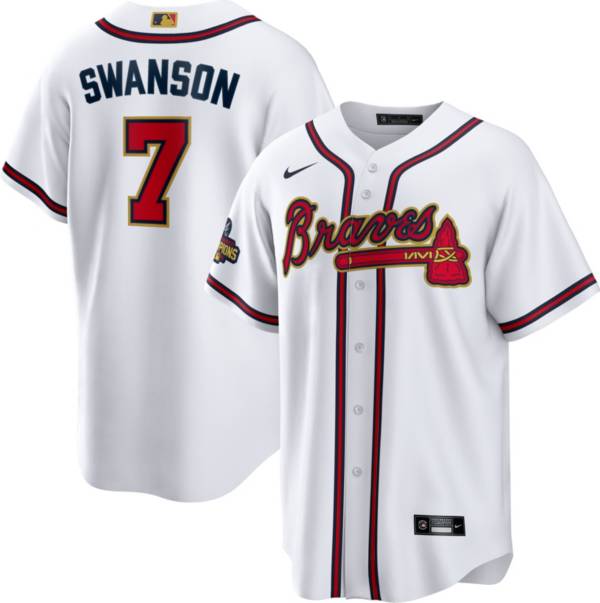 Nike Men's Atlanta Braves Dansby Swanson #7 2022 Gold Collection White Cool Base Jersey