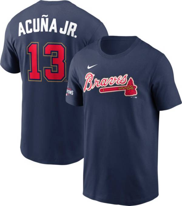 Nike Men's Atlanta Braves Ronald Acuña Jr. #13 2022 Gold Collection Navy Logo T-Shirt