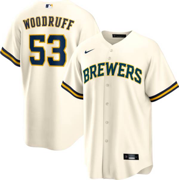 Nike Men's Milwaukee Brewers Brandon Woodruff #53 Cream Cool Base Jersey